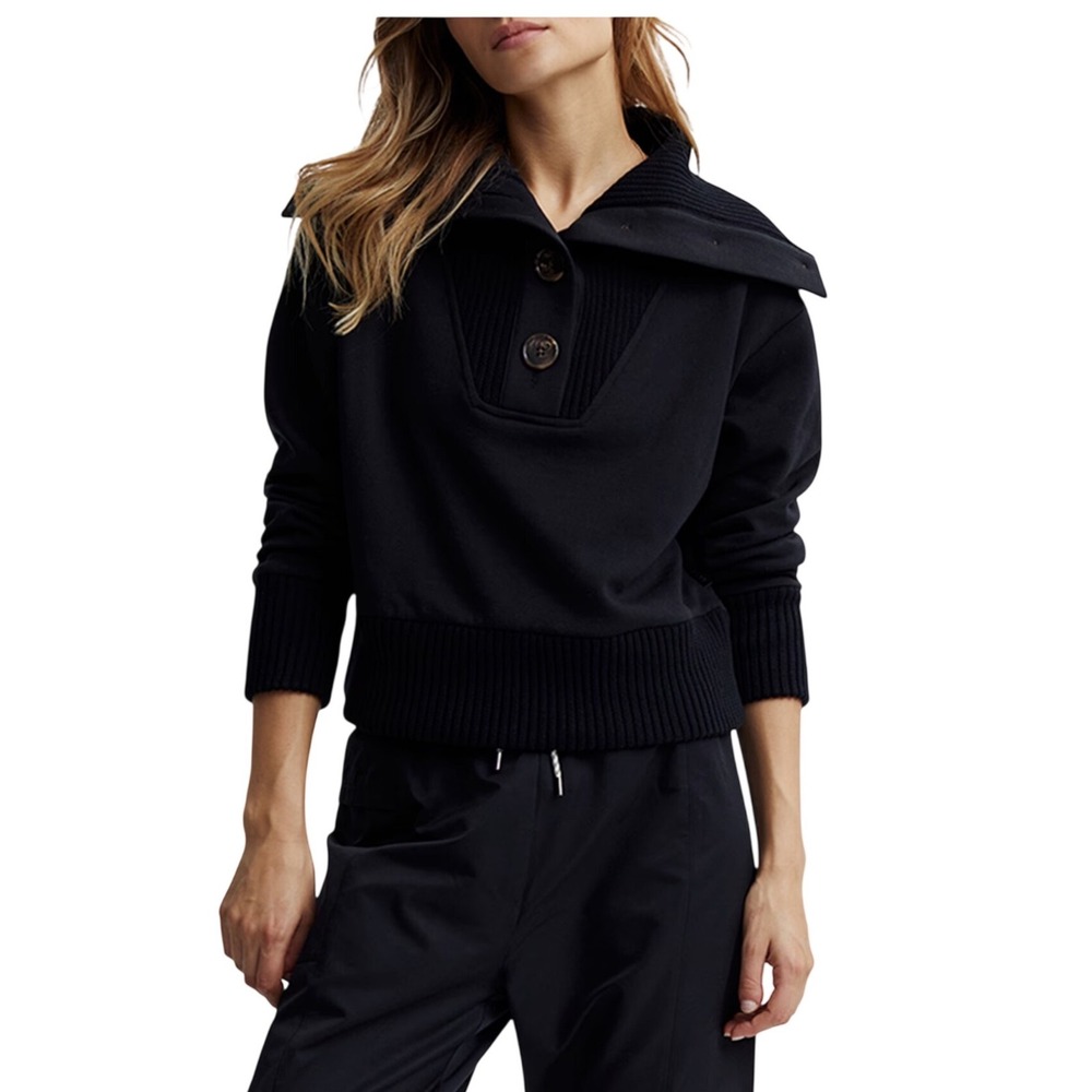VARLEY Milan Sweat XS Black Oversized Collar Button Cropped Sweatshirt Preppy